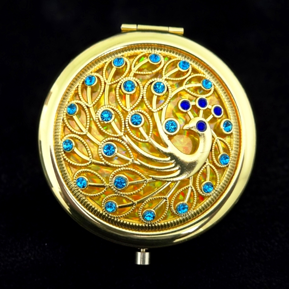Peacock Compact Mirror Goldtone 2.5"
